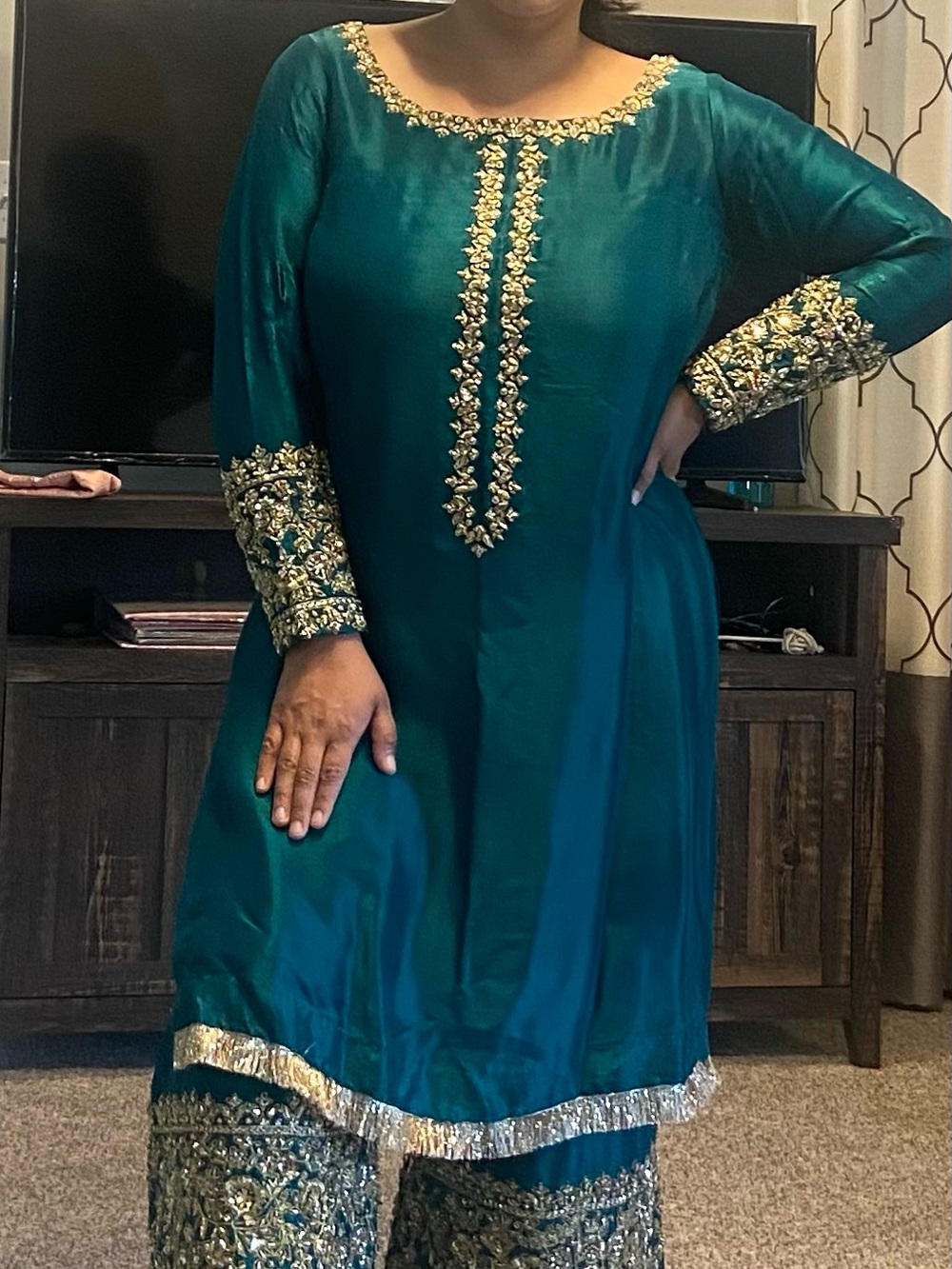 Silk Teal Embroidered Wide-Leg Pants Set with Gold Accents